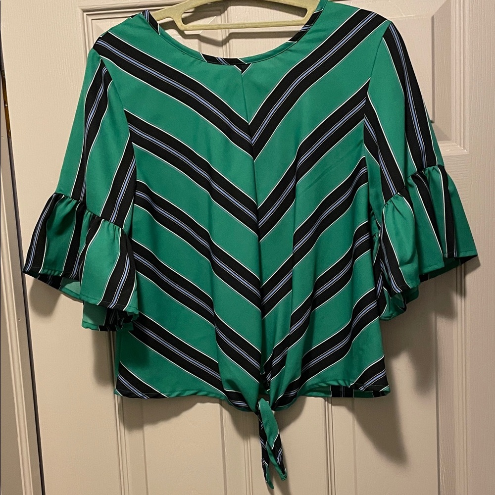 Green and Black Striped Women's Top
